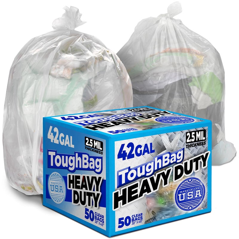 ToughBag 40-42 Gallon Trash Bags, 2.5 Mil Contractor Bags, Heavy Duty Large Trash Can Liners, Recycling Trash Bags, 33 x 48" (50 COUNT/CLEAR) - Made in USA - Image 1